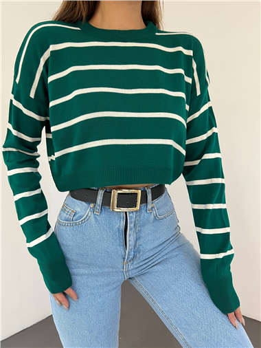 İnce Çizgili Crop Triko Kazak -Zümrüt