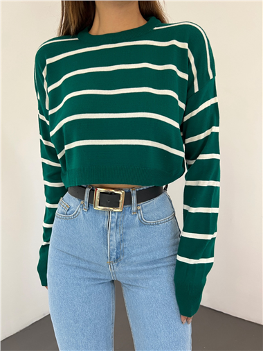 İnce Çizgili Crop Triko Kazak -Zümrüt