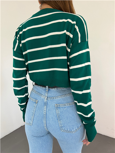 İnce Çizgili Crop Triko Kazak -Zümrüt