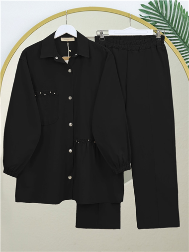 İnci Detaylı Çıtçıtlı Gabardin Takım -Siyah