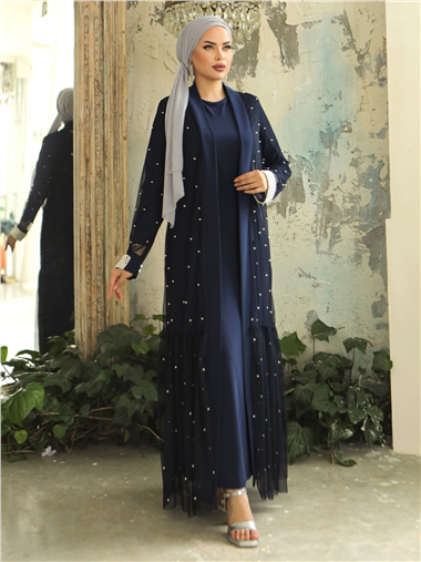 İnci Detaylı Kuşaklı İkili Abaya  -Laci