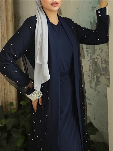 İnci Detaylı Kuşaklı İkili Abaya  -Laci