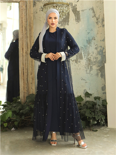 İnci Detaylı Kuşaklı İkili Abaya  -Laci