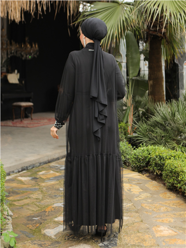 İnci Detaylı Kuşaklı İkili Abaya  -Siyah