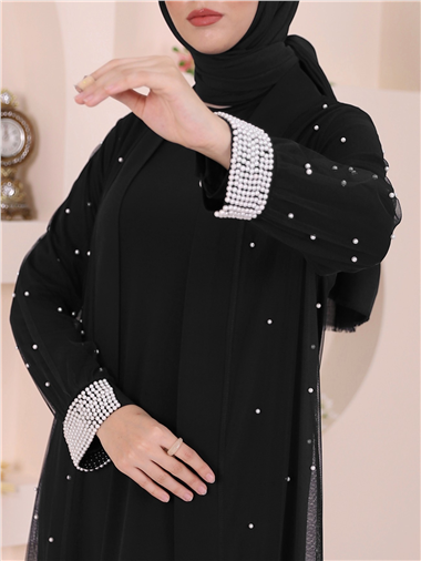 İnci Detaylı Kuşaklı İkili Abaya  -Siyah
