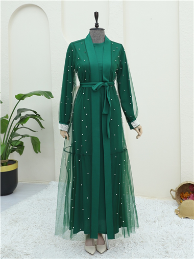 İnci Detaylı Kuşaklı İkili Abaya  -Yeşil