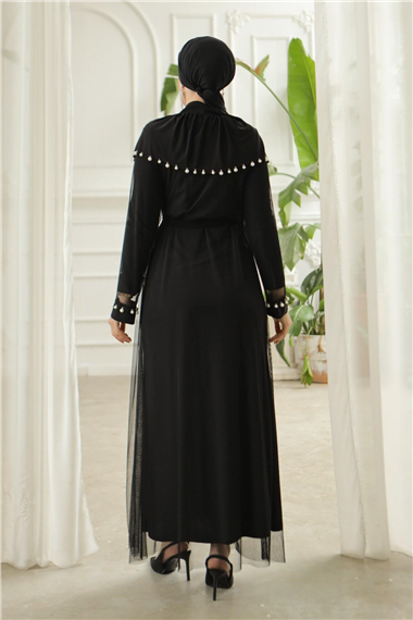 İnci Detaylı Tül Hırkalı Sendy Abaya -Siyah