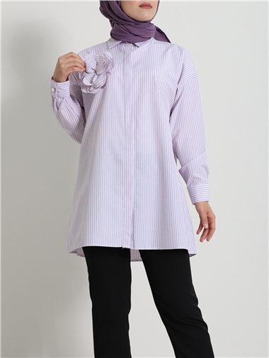 İnci Düğmeli Çizgili Broşlu Gömlek -Pembe