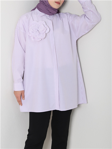 İnci Düğmeli Çizgili Broşlu Gömlek -Pembe