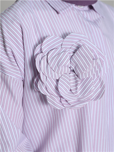 İnci Düğmeli Çizgili Broşlu Gömlek -Pembe