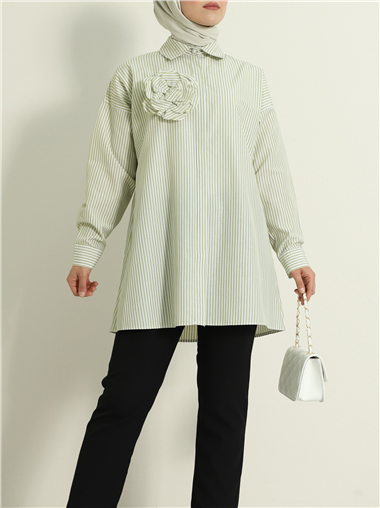 İnci Düğmeli Çizgili Broşlu Gömlek -Yağ Yeşili