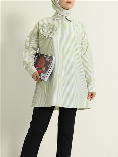 İnci Düğmeli Çizgili Broşlu Gömlek -Yağ Yeşili