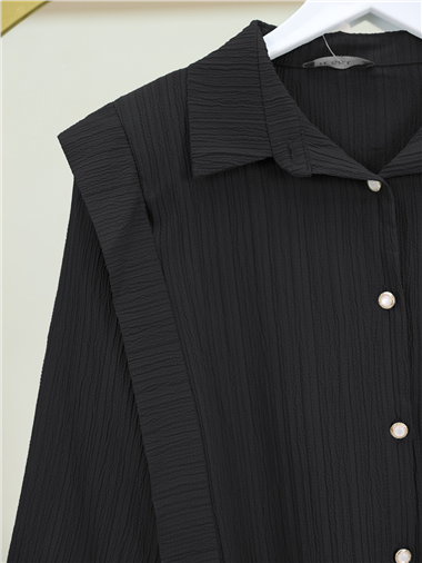 İnci Düğmeli Omuzu Ve Beli Bağlamalı Krinkıl Gömlek -Siyah