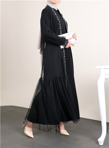 İncili Taşlı İkili Abaya Takım -Siyah