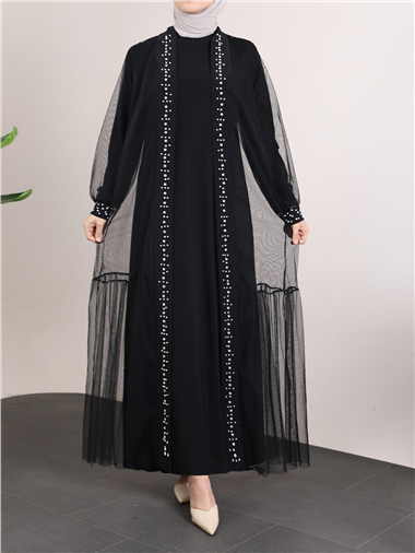 İncili Taşlı İkili Abaya Takım -Siyah