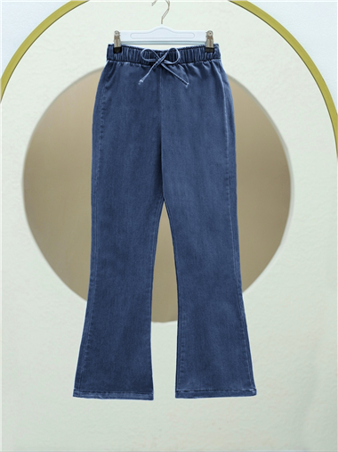 İspanyol Paça Bağcık Detaylı Kot Pantolon    -Koyu Mavi