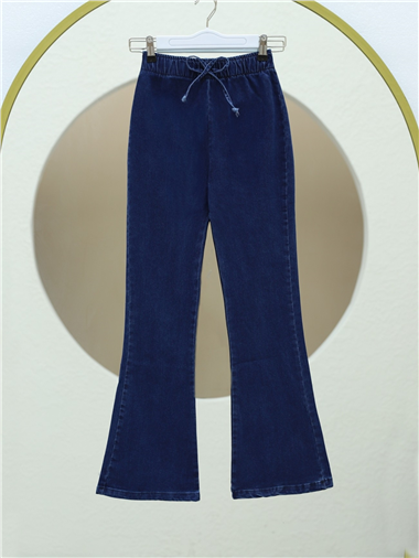 بنطال جينز بأرجل واسعة وتفاصيل أربطة - نيلي