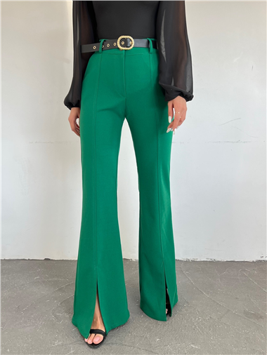 بنطلون بحزام بفتحة ساق واسعة - أخضر