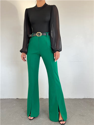 بنطلون بحزام بفتحة ساق واسعة - أخضر