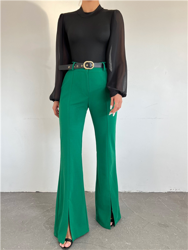 بنطلون بحزام بفتحة ساق واسعة - أخضر