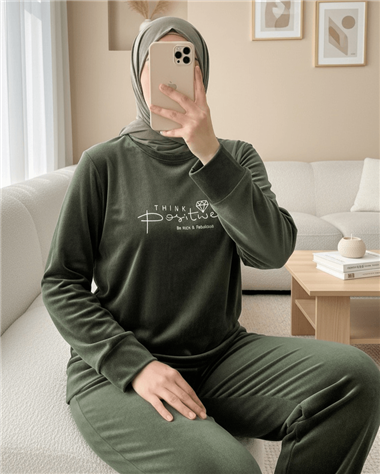 Kabartma Yazılı Fransız Kadife Pijama Takımı -Haki