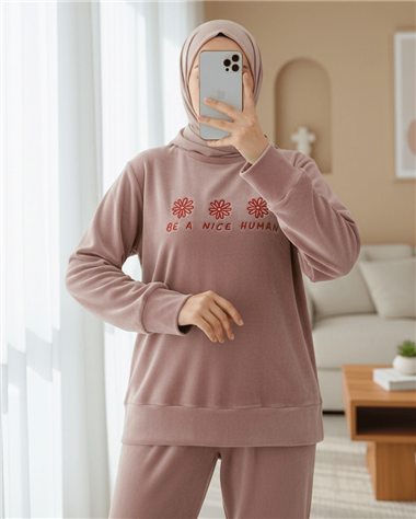 Kabartma Yazılı Fransız Kadife Pijama Takımı -G.Kurusu