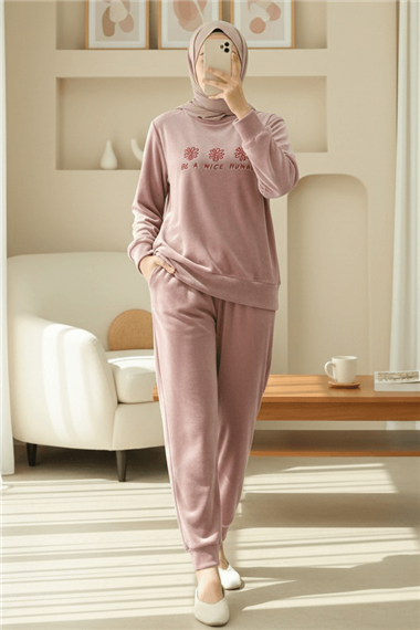 Kabartma Yazılı Fransız Kadife Pijama Takımı -G.Kurusu