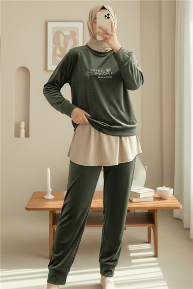Kabartma Yazılı Fransız Kadife Pijama Takımı -Haki
