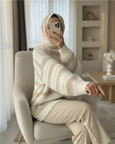 Kalın Çizgi Desenli Örme Triko Kazak -Beyaz