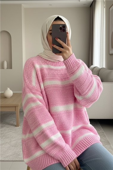 Kalın Çizgi Desenli Örme Triko Kazak -Pembe