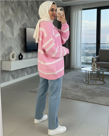 Kalın Çizgi Desenli Örme Triko Kazak -Pembe