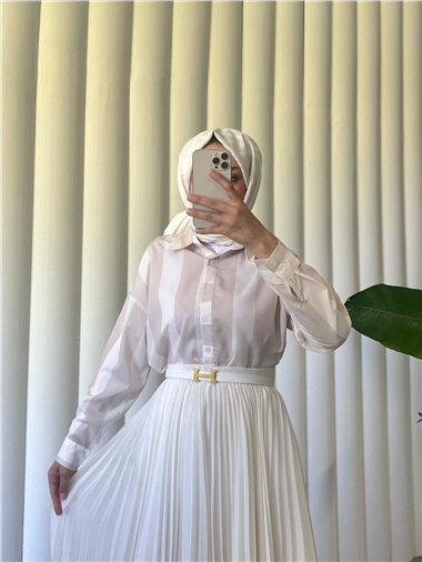 Kalın Çizgili Düğmeli Gömlek -Bej