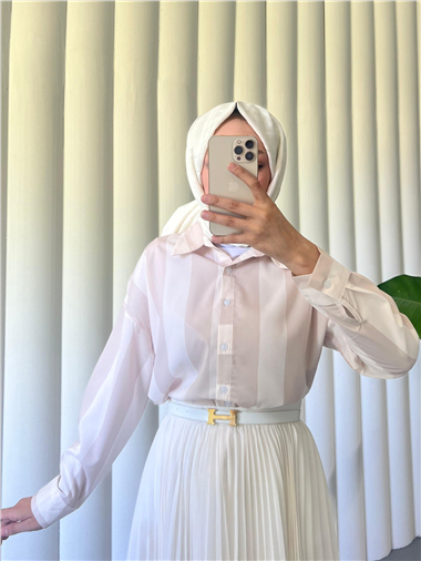 Kalın Çizgili Düğmeli Gömlek -Bej