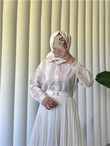 Kalın Çizgili Düğmeli Gömlek -Bej