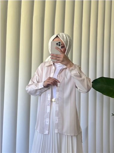 Kalın Çizgili Düğmeli Gömlek -Bej