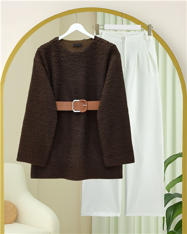 Kalın Kemerli Buklet Kazak  -Kahve
