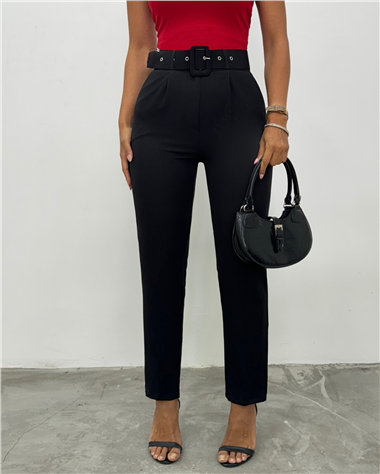 Womens Heavyweight Belted Fabric Pants - Black