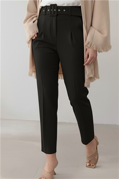 Womens Heavyweight Belted Fabric Pants - Black