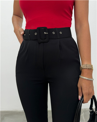 Womens Heavyweight Belted Fabric Pants - Black
