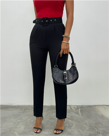 Womens Heavyweight Belted Fabric Pants - Black