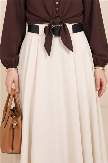 Kalın Kemerli Önü Pileli Yan Cepli Fermuarlı Tivil Etek -Bej