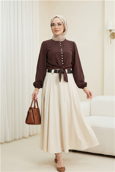 Kalın Kemerli Önü Pileli Yan Cepli Fermuarlı Tivil Etek -Bej