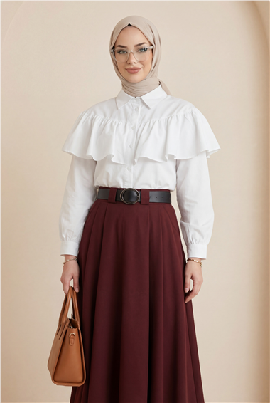 Kalın Kemerli Önü Pileli Yan Cepli Fermuarlı Tivil Etek -Bordo