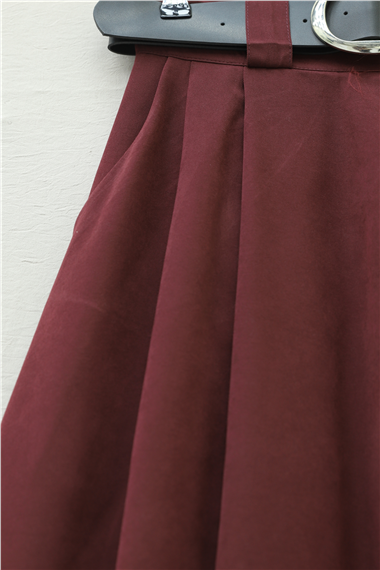 Kalın Kemerli Önü Pileli Yan Cepli Fermuarlı Tivil Etek -Bordo