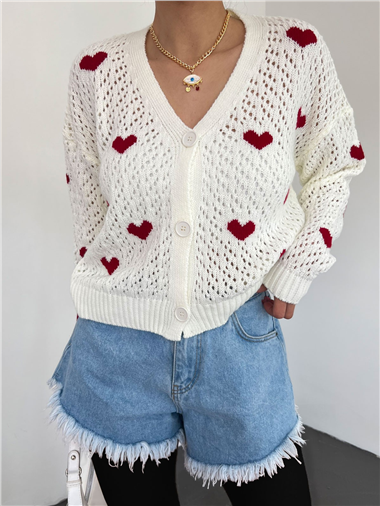 Kalp Desen Düğmeli Ajurlu Triko Hırka -Ekru