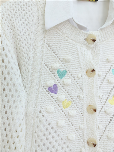 Kalp Nakışlı Ponponlu Triko Hırka  -Ekru