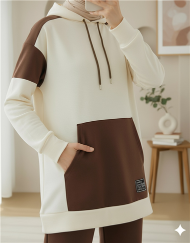 Womens Kangaroo-Pocket Double Multicolor Set - Beige