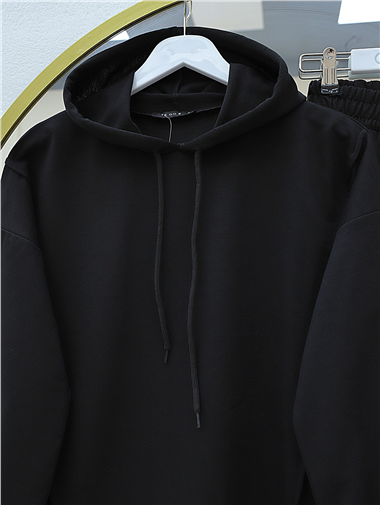 Kapşonlu Arma Detaylı Penye Takım -Siyah