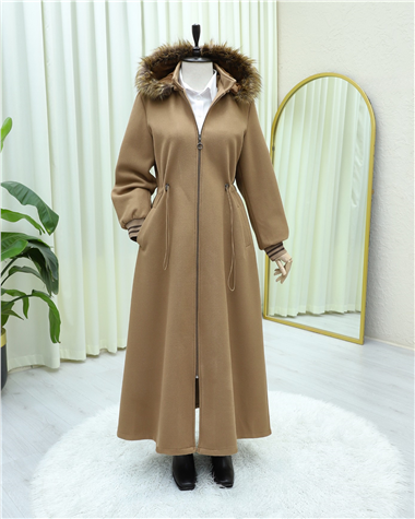 Kapşonlu Beli Lastikli Cepli Kaşe Kaban -Taba