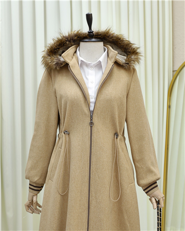 Kapşonlu Beli Lastikli Cepli Kaşe Kaban -Vizon